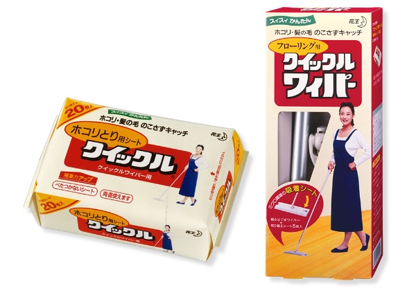 1994年10月11日に全国発売された花王「クイックルワイパー」と取り替えシート。発売から30年以上たった現在、世界累計で6200万本を販売。取り替えシートの販売数も累計7億個に上る。日本の“フローリング時代”の到来を的確に捉え、掃除のスタイルを変えたロングセラー商品