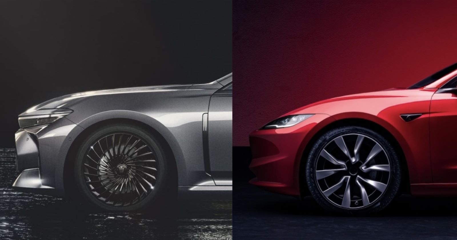 トヨタ「クラウンセダン」と米Tesla（テスラ）「モデル3」のフロントフード。EVはエンジンを搭載しない分フロントフードを低くなだらかに設計できる（写真：トヨタ自動車、テスラ）