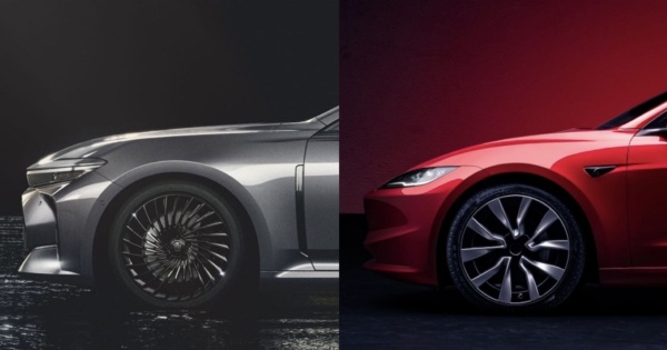 トヨタ「クラウンセダン」と米Tesla(テスラ)「モデル3」のフロントフード。EVはエンジンを搭載しない分フロントフードを低くなだらかに設計できる(写真:トヨタ自動車、テスラ)